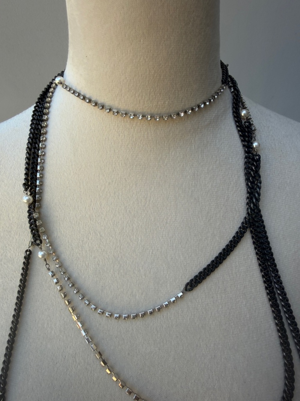 Black & Silver Layered Long Chain Necklace Embellished with Crystals & Pearls